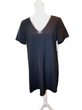 Cece NWT Black Short Sleeve Dress With Rhinestone Trimmed V-Neckline & Bow Accen